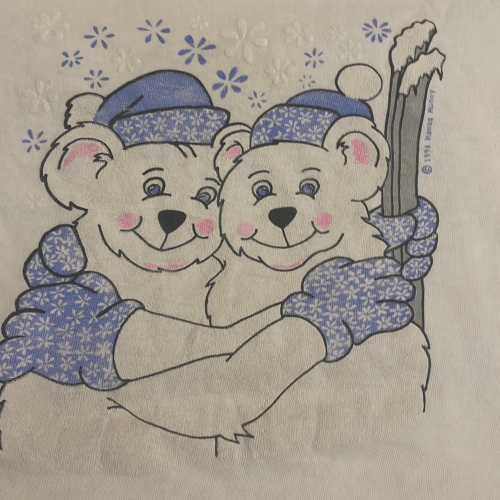 Vintage single stitch ski bears T-shirt unisex pink striped bottoms girls size 4